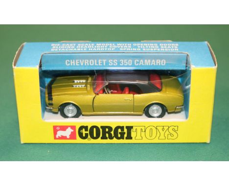 Corgi Toys Chevrolet SS 350 Camaro (338). In metallic yellow gold with red interior, black plastic hardtop, with "Take-Off Wh