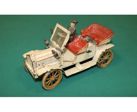 George Carette tin-plate Open Tourer car possibly dating from Early 1900s, Come with a period driver, Body is finished in cre