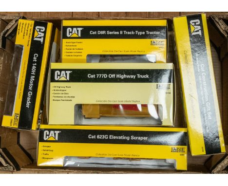 5 Cat Construction Vehicles.  Cat Construction gift set containing, 12G Motor Grader, D6R XL Track Type Tractor,  And a D25D 