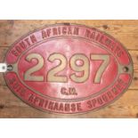 A South African Railways cab side numberplate 2297, From a 3ft 6in gauge 15F 4-8-2 built by the