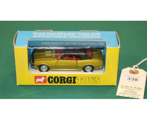 Corgi Toys Chevrolet SS 350 Camaro (338). In metallic yellow gold with red interior, black plastic hardtop, with "Take-Off Wh