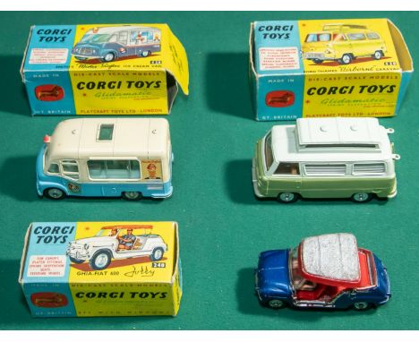 3 Corgi Toys. Ghia-Fiat 600 Jolly. (240). In metallic dark blue with red interior, silver/red canopy, complete with both figu