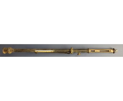 Late 19th century brass & japanned marine stick Barometer with thermometer, silvered register inscribed J. Morton, Sunderland
