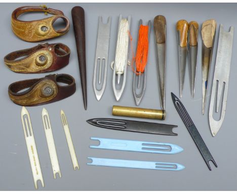 Collection of Rope, Net and Sailmakers tools including three sailmakers palms, five Lignum and Swedish Fids various steel nee