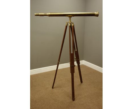 Decorative brass Telescope on adjustable brass & wood tripod stand, H137cm, W98cm   Condition Report   Click here for further