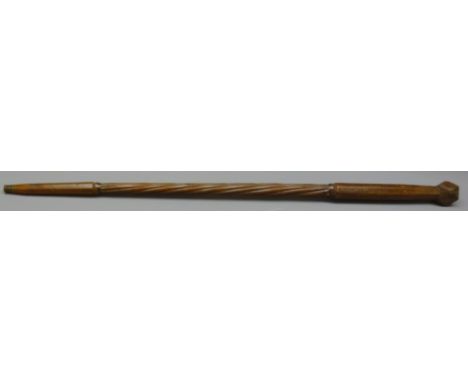 Teak sailor work Walking stick, octagonal handle with polygon knop, twist and octagonal shaft with metal ferrule, L85cm    Co