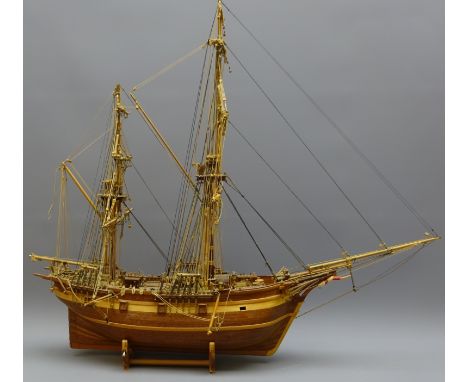 Wooden 1:46 approx scale kit model of a twin masted cargo ship, de-rigged, L62cm, H55cm   Condition Report   Click here for f