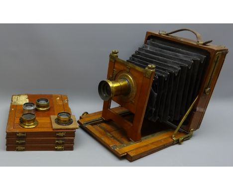 Victorian mahogany & brass studio half-plate camera with Taylor Taylor & Hobson No. 56837, Ross Resolux F.3.5 Enlarging Objec