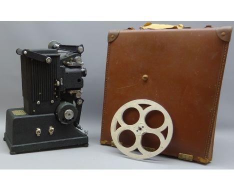 Specto Ltd film projector, type F with a Taylor-Hobson 2 inch projector lens, in case & a Lumaplak cinematograph screen in wo