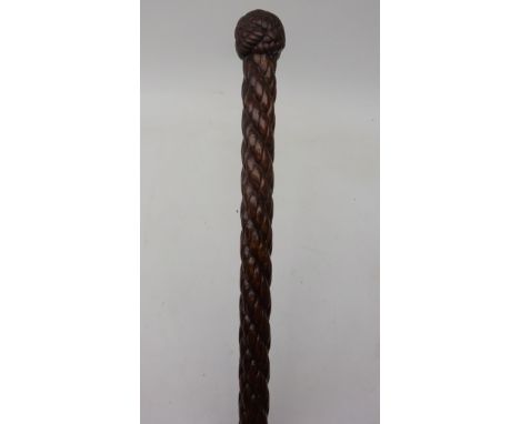 Sailor work Walking stick, carved knot handle, rope twist shaft, chequer and antler ferrule, L93cm   Condition Report   Click