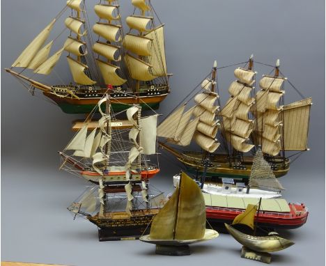 Two scale models of the Cutty Sark, named on fixed bases, other Galleon models and a barge etc,  H42cm max, (8)   Condition R