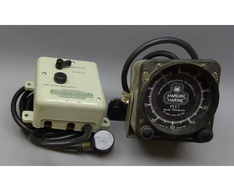 Marconi Marine echo sounder, by British Ferrograph Recorder Co. Ltd. grey plastic case on tilting bracket and with control bo