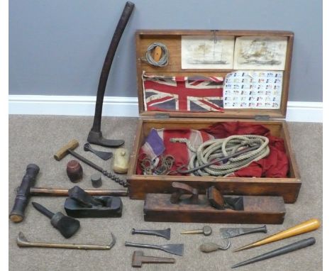 Late 19th century Shipwrights Toolbox, containing various tools including Caulking Mallet & Irons, Adze, Fid, Planes, Boring 