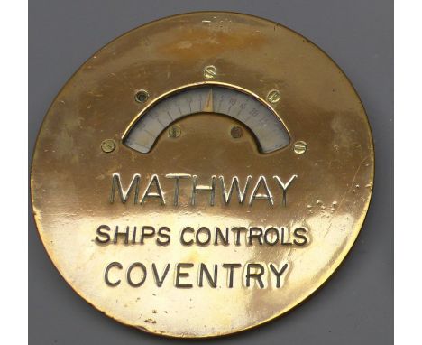 Small brass three fin propeller, stamped 11 x 8 LH & 4206, W24cm & a Mathway Ships Controls Coventry circular brass dial with