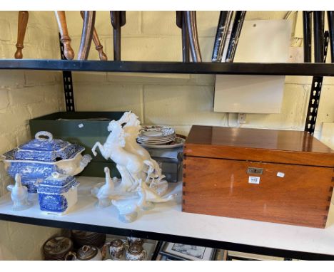 Wooden box of cutlery, four Nao duck figurines, Ringtons bronzed model, collectors plates, Masons, etc.