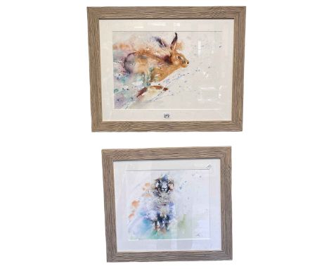 Jen Buckley, Running Hare and Swaledale Sweep, two watercolours, both framed with COA verso, largest 47cm by 59cm including f