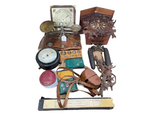 Cuckoo clock, postal scales, barometers, compass, rulers, etc.