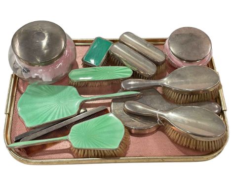 Two silver topped powder bowls and collection of silver and silver & enamel backed brushes and mirrors.