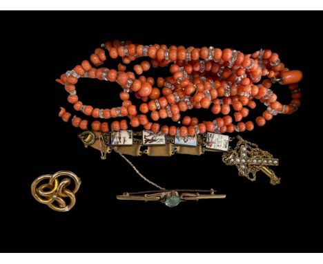 Victorian gold brooch, bar brooch, cross on chain, coral beads, and enamel bracelet, with 'Volume 2' tin box (6).