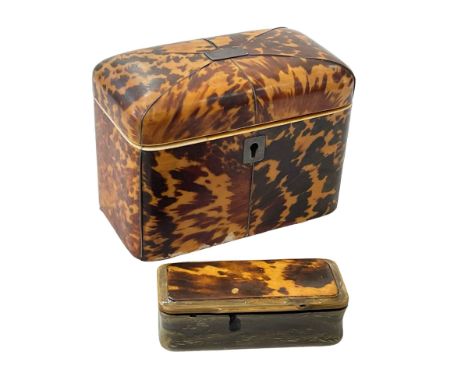Tortoiseshell twin compartment tea caddy and bone and tortoiseshell snuff box.