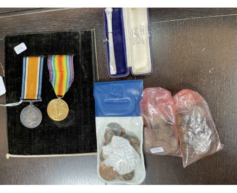 Two WWI medals awarded to M. RIMMINGTON V. A. D., collection of pre 1947 coins, enamel and mother of pearl cheroot holder in 