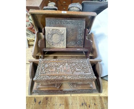 Pair of mother of pearl inlaid stilts, book trough, Tunbridge Ware tray, carved box, two book slides, etc.