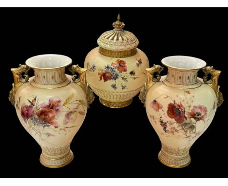 Pair large Royal Worcester vases with wild flower decoration and dragon handles, shape number 1554, date code 1892, 27cm, tog