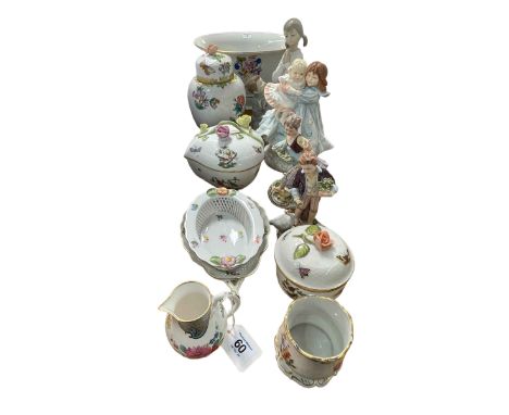 Herend Pottery vases, lidded pots, Lladro group, Royal Worcester group 'Love', pair of Capo di Monte figures, etc.
