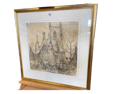 Gilt framed sketch of St Oswalds Church, Bishop Auckland depicting gala banners and tubas, 63cm by 63cm including frame.