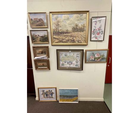 Pair gilt framed seascape oils, framed map and seven various pictures including oils.