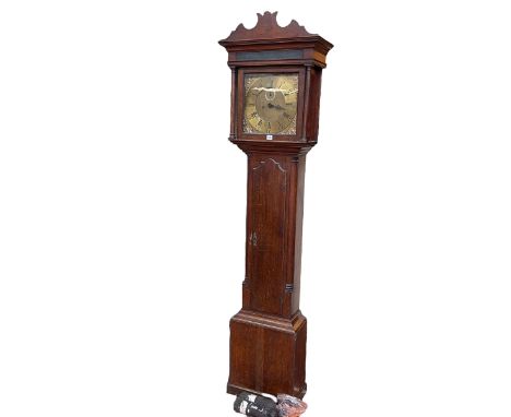 Antique oak eight day longcase clock having square brass dial, 217cm.