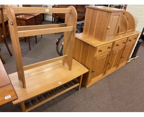 Light oak three door sideboard, coffee table, towel stand, small cabinet and three tier corner wall shelf (5).