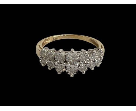 Diamond fourteen stone 9 carat gold ring, size N.