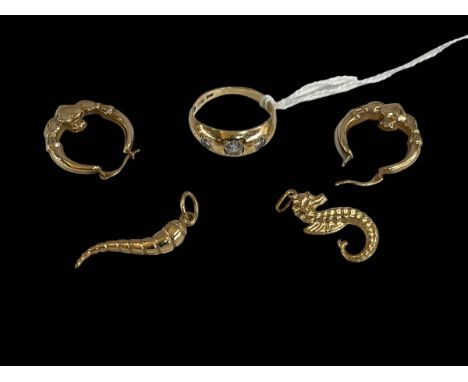 9 carat gold earrings, ring and two pendants/charms (4).
