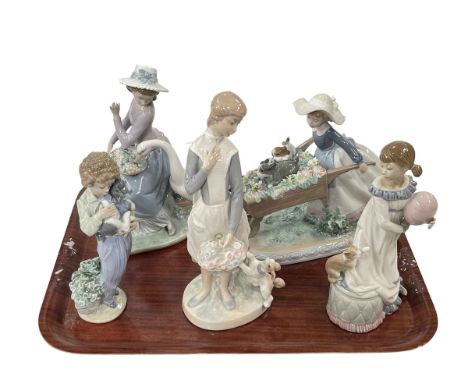 Five Lladro figures, Barrow of Fun, Goose Trying to Eat, Girl with Balloon and Cat, Girl with Dog and My Buddy.