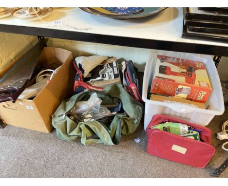 Collection of power and hand tools including drills, saws etc.