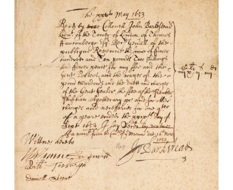 * Barkstead (John, died 1662). Major-General and regicide. Document Signed, 'Jo Barkstead', 25 May 1653, being a manuscript r