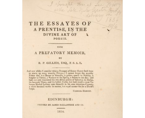 James I. The Essayes of a Prentise, in the Divine Art of Poesie. With a prefatory Memoir by R[obert]. P[earse]. Gillies, Edin