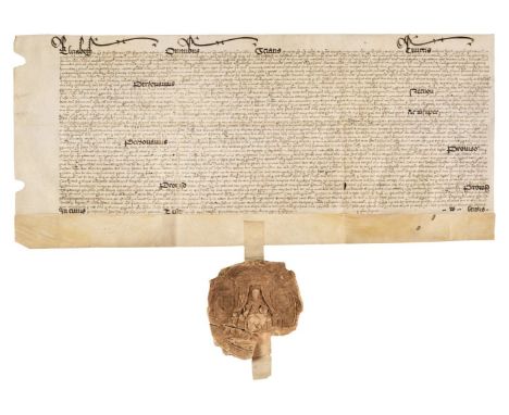 * Great Seals of Queen Elizabeth I &amp; King Charles I. A pair of vellum deeds with great seals, relating to the Halswell fa