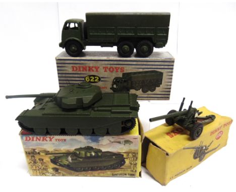 THREE DINKY MODEL MILITARY VEHICLES  comprising a No.622, Foden 10-Ton Army Truck, drab olive green with matching ridged hubs
