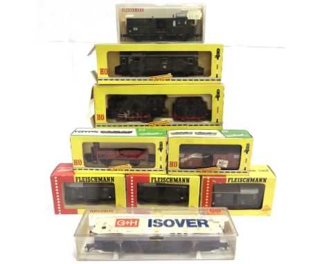 [HO GAUGE]. A FLEISCHMANN COLLECTION  comprising a German Railway 0-6-0 tender locomotive, 1304 GFN, black and red livery; an
