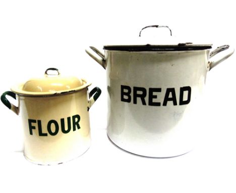 AN ENAMEL BREAD BIN  white with black lettering, complete with lid, overall 32cm high; together with an enamel flour bin, cre