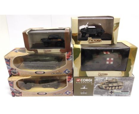 SIX DIECAST MODEL MILITARY VEHICLES  by Victoria (3), Solido (2) and Corgi (1), each boxed (one Solido box with torn acetate 