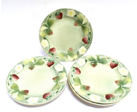 SIX FRENCH MAJOLICA DESSERT PLATESwith moulded and polychrome enamelled decoration of strawberries, stamped to reverse 'K & G