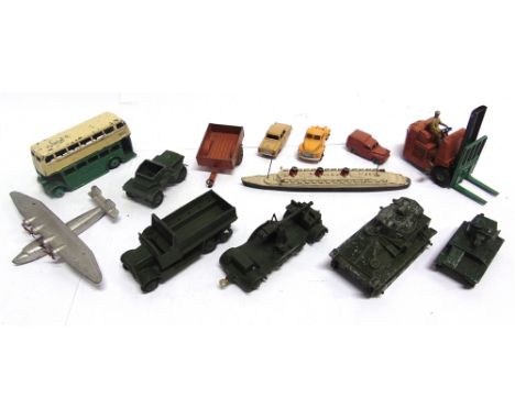 THIRTEEN DINKY MODEL VEHICLES  most circa 1940s-50s, including also a pre-war army wagon, variable condition (light tank repa