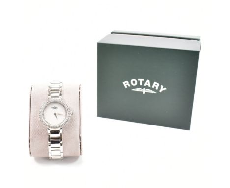 A woman's rotary cocktail wrist watch. The watch having a mother of pearl dial with nickle leaf hands framed by Austrian crys