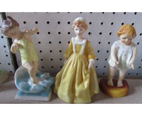 3 Royal Worcester figures, At the Seaside, Little Grandmother, Joan, shape 2915 af, Joan is crazed and her head has been glue