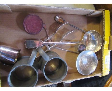 A collection of metalware, to include asparagus servers, a ladle, two pewter mugs, a folding cup etc, together with commemora