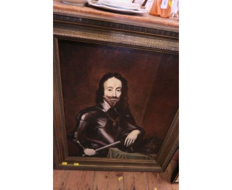 K Morton, oil on board, portrait of a cavalier style gentleman, together with an antique map of Surrey