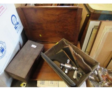 A tea caddy, cutlery tray and two mahogany trays, etc.